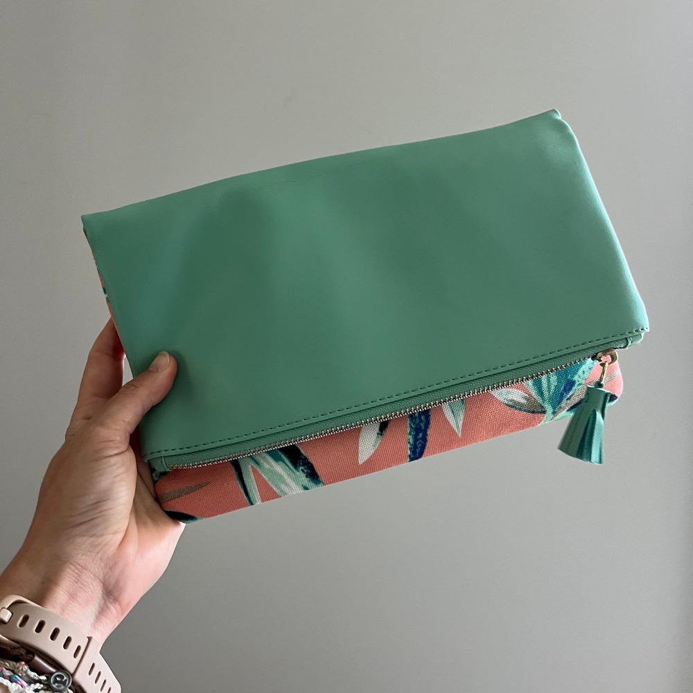 Rachel Pally‎ Reversible Clutch Mint Coral Tropical Floral Print Fold Over Bag